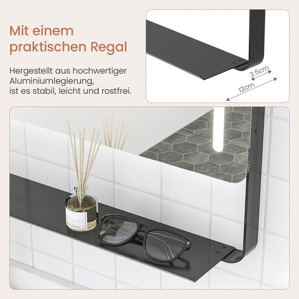 Badezimmerspiegel mit integrierter Ablage aus Aluminiumlegierung mit 12 Zentimeter Tiefe und 3,5 Zentimeter Blende