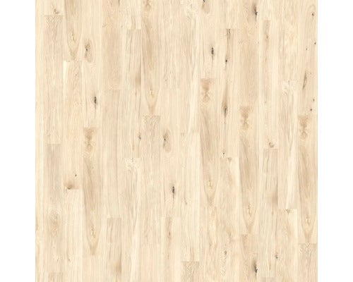 Bodenbelag in hellbeiger Holzoptik mit natürlicher Maserung und Astlöchern.