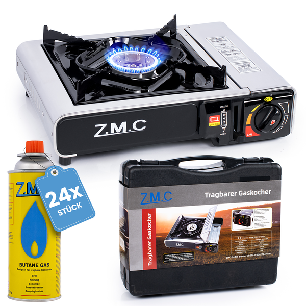 Z.M.C Edelstahl Gaskocher 1-flammig + Aufbewahrungskoffer + 24x Gaskartuschen 227g, Campingkocher für Outdoor und Innenraum, Campinggaskocher 2,2 kW, Balkon Tischgrill mit Piezozündung