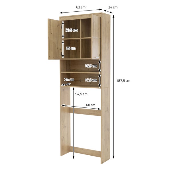 ECD Germany Waschmaschinenschrank mit 2 Türen und 2 offenen Fächern, 187,5x63 cm, Eichenoptik (Asteiche), Waschmaschine/Trockner Badezimmerschrank Hochschrank Badschrank Badregal Waschmaschinenüberbau