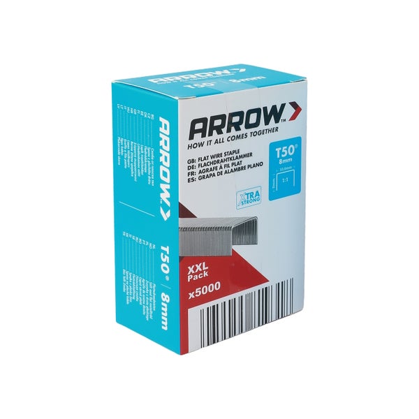 Schachtel Arrow T50 Flachdrahtklammern, 8 Millimeter, XXL-Packung mit 5000 Stück.