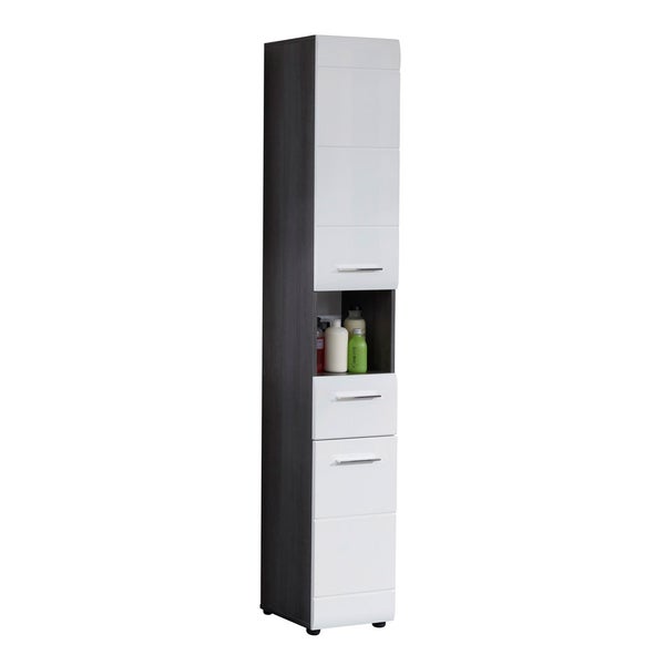 Line Bad Hochschrank 2 Türen, 1 Schublade, 1 offenes Fach rauchsilber, weiß Hochglanz. 30 X 31 X 182 cm