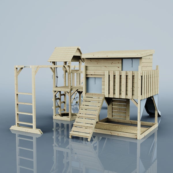 Spielplatz mit Rutsche, Klettergerüst und Sandkasten aus Holz