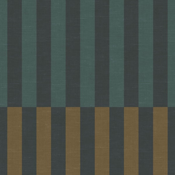 Vliestapete mit vertikalem Streifenmuster und Leinenstruktur, horizontal geteiltes Design mit grünlich-grauen und bräunlich-grauen Streifen.