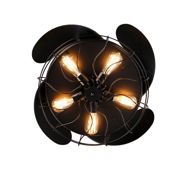 Schwarzer Deckenventilator mit fünf Flügeln, Drahtkäfig und fünf leuchtenden Edison-Leuchtmitteln.