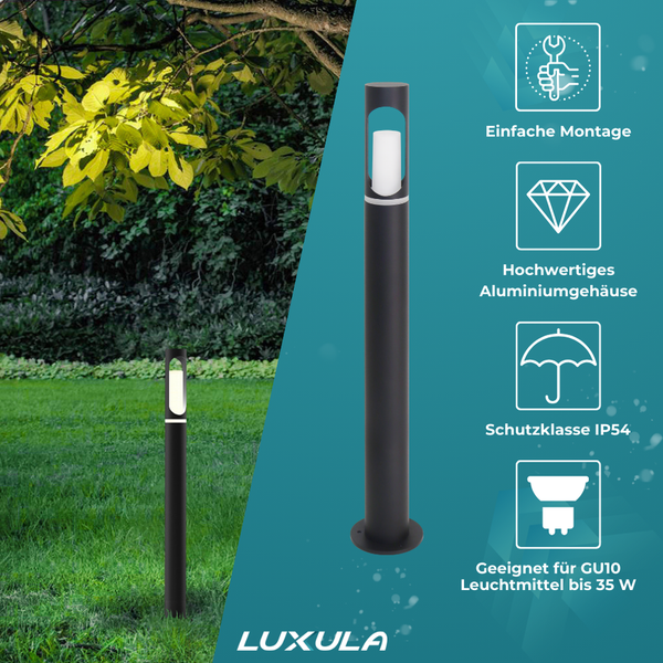 Zwei schwarze Luxula Wegeleuchten im Garten