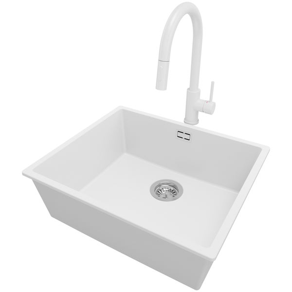 PRIMAGRAN Granitspüle Weiß 56x47cm, Spülbecken 1 Becken + Küchenarmatur 40x20cm + Ablauf-Set, Küchenspüle ab 60er Unterschrank - London Slim