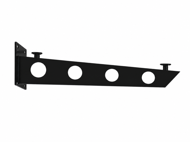 Schwarze Regalkonsole aus Metall mit vier kreisrunden Aussparungen und zwei Auflagen zur Wandmontage.