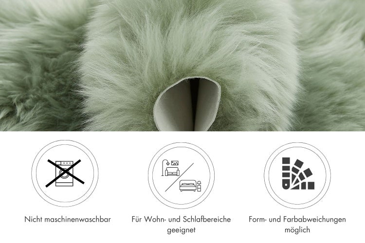 Kunstfell Teppich mit weicher Struktur. Symbole weisen auf Nicht-Maschinenwaschbarkeit, Eignung für Wohn- und Schlafbereiche und Toleranzen hin.