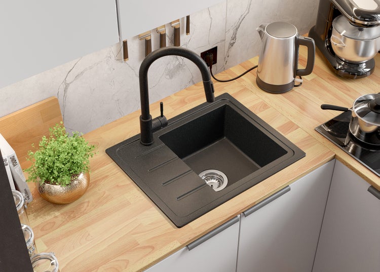 PRIMAGRAN Spülbecken Anthrazit 55x44cm, Granitspüle 1 Becken + Ablauf-Set, Küchenspüle ab 45er Unterschrank - Kopenhagen Easy