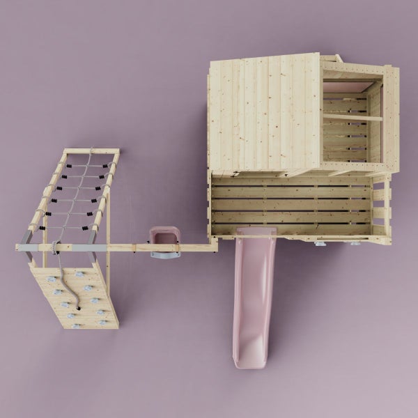 Spielturm mit Kletterwand, Netz und Rutsche aus Holz