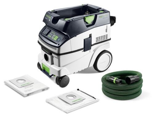 Mobiles Absaugmobil Festool Cleantec CTL 26 E AC mit Rollen und Bedienfeld in Weiß, Grau und Grün.