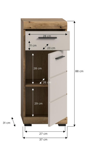 Badezimmer mit Waschtisch, Spiegelschrank und Hochschrank in Holzoptik und hellen Fronten