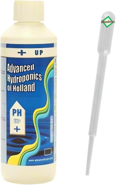 Advanced Hydroponics of Holland pH Up Flasche zur Erhöhung des pH-Wertes und eine Weedness Pipette zur Dosierung.