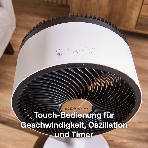 Dimplex Ventilator mit Touch-Bedienfeld für Geschwindigkeit, Oszillation und Timer sowie schwarzem Schutzgitter.