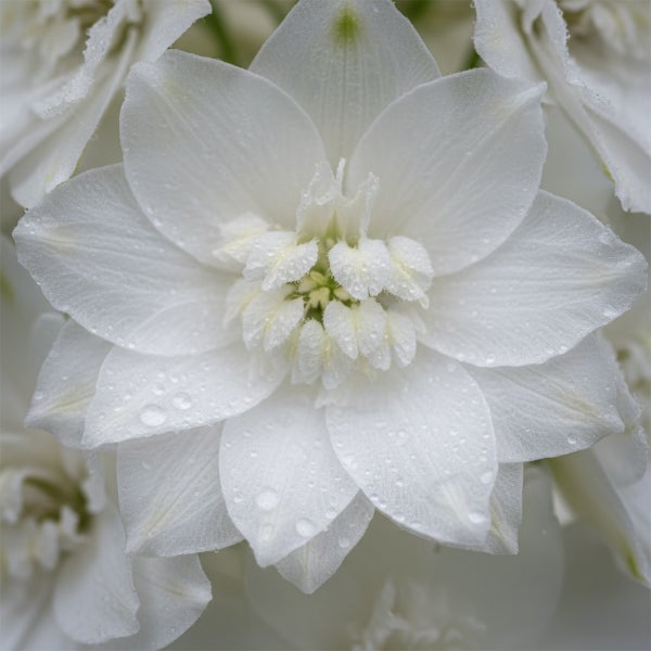 Nahaufnahme einer weißen Rittersporn-Blüte mit Wassertropfen auf den Blütenblättern.