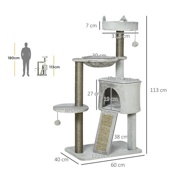 PawHut Kratzbaum Katzenkratzbaum mit Sisalsäule Katzenhöhle 113 cm Katzenbaum mit Rampe Spielbaum mit Katzenspielzeug Hängematte Hellgrau