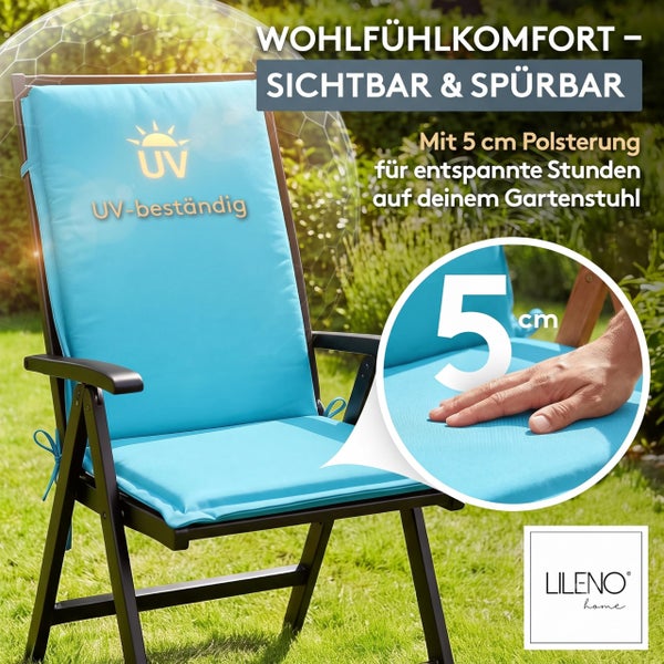 Gartenstuhlauflage mit 5 Zentimeter dicker Polsterung, UV-beständig, auf einem Gartenstuhl im Freien, Lileno Home Logo