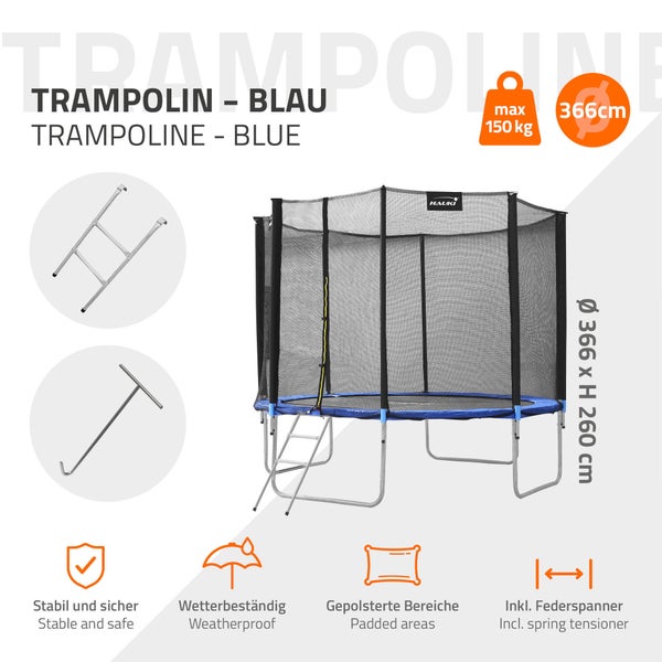 Hauki Trampolin Outdoor, Ø366 cm, Blau, GS geprüft, Rundes Gartentrampolin für Kinder bis 150 kg, Komplettset mit Sicherheitsnetz, Leiter, Randabdeckung, Gepolsterte Stangen, Stabile Kindertrampolin