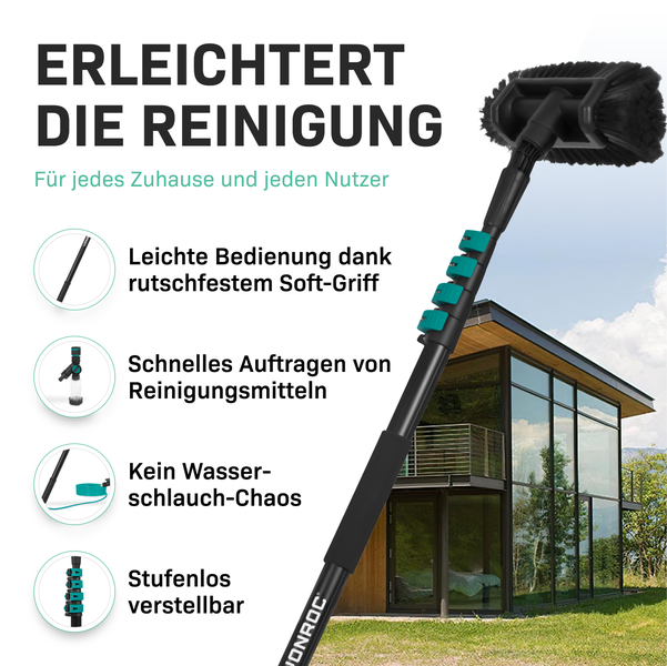 VONROC Teleskop Waschbürste mit Teleskopstiel 4,6m - Ausziehbar Teleskopstangen Reinigung für Fenster, Terrassendach, Solaranlage - inkl. Bürste, Schlauch, Seifenspender