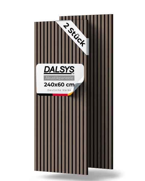 Dalsys Akustikpaneele 2 Stück, 240 mal 60 Zentimeter, Holzoptik mit Lamellenstruktur.