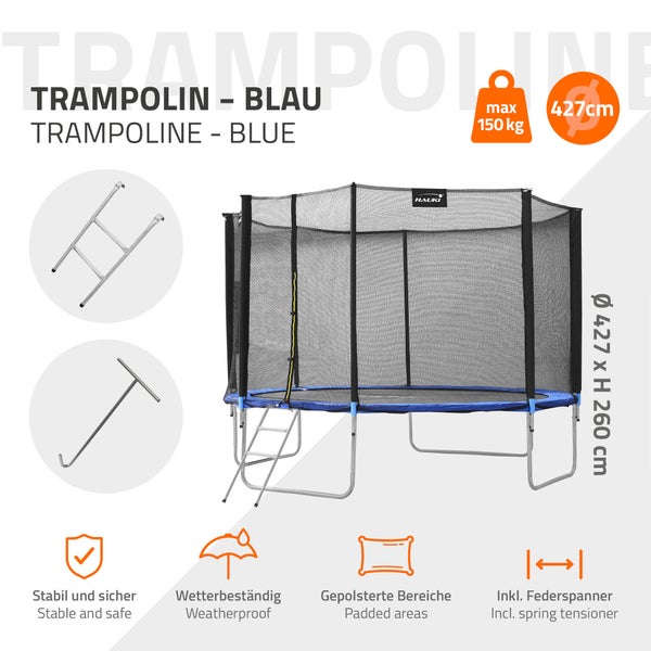 Hauki Trampolin Outdoor, Ø427 cm, Blau, GS geprüft, Rundes Gartentrampolin für Kinder bis 150 kg, Komplettset mit Sicherheitsnetz, Leiter, Randabdeckung, Gepolsterte Stangen, Stabile Kindertrampolin