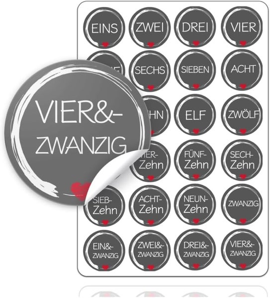Aufkleber mit den Zahlen eins bis vierundzwanzig