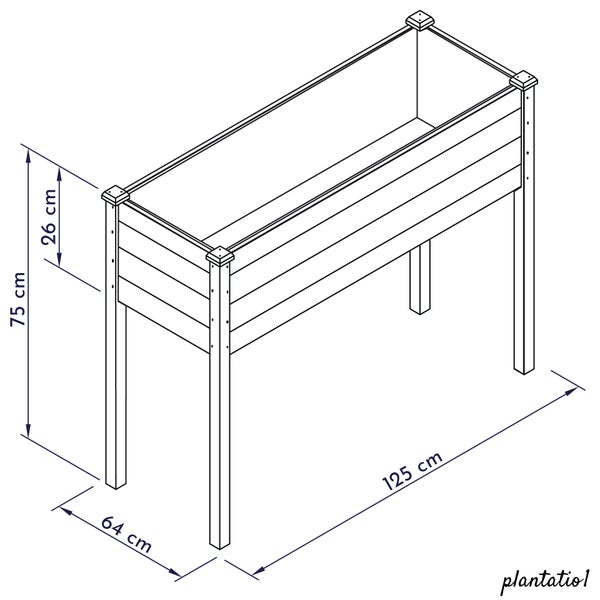 Abbildung eines Hochbeets mit den Maßen 125 cm x 64 cm x 75 cm