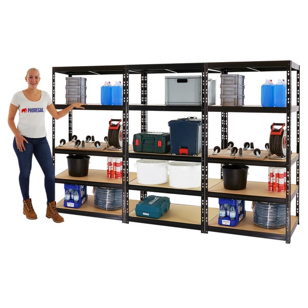 PROREGAL Mega Deal 3x Schwerlastregal Tiger HxBxT 180 x 90 x 60 cm Fachlast 265 kg 5-Ebenen Schwarz