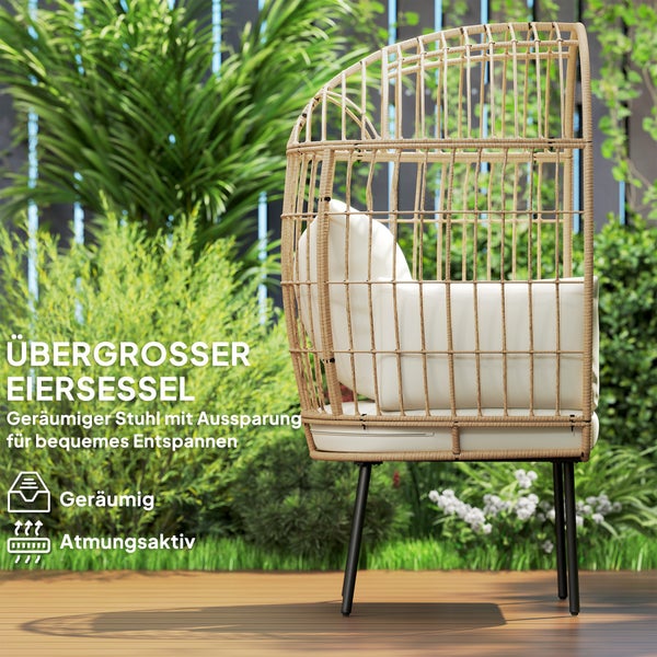 Outsunny Rattansessel Ei-Förmig mit abnehmbarem Kissen, Polster, übergroße Outdoor Sessel aus Rattan, Wetterfest Korbsessel Gartensessel Gartenstühle für Garten Balkon, Veranda, Terrasse Beige