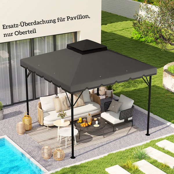Ersatzdach für quadratischen Pavillon in Dunkelgrau mit Belüftungsschlitz, über einer Gartenlounge im Außenbereich neben einem Pool.