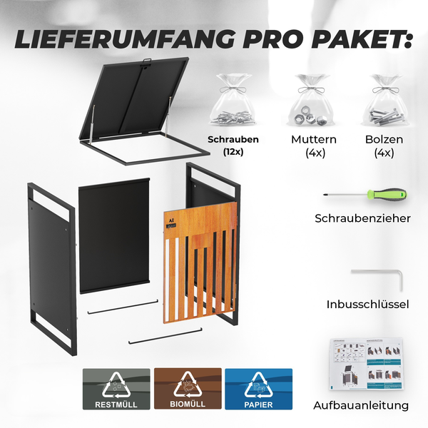 ALL Premium Mülltonnenbox 5er – Abschließbar, wetterfest & edle Holzoptik, für Garten, Hof & Straße, beliebig erweiterbar, legierter Stahl robust & langlebig