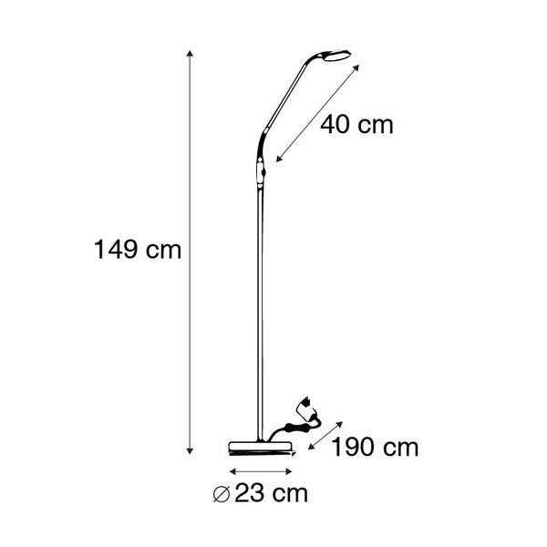 Abmessungen einer Stehlampe: Höhe 149 cm, Ausladung 40 cm, Kabellänge 190 cm, Durchmesser des Lampenfußes 23 cm