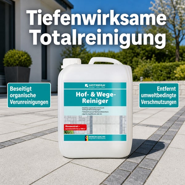 Hotrega Hof- und Wege-Reiniger Konzentrat in einem Kanister zur tiefenwirksamen Reinigung von Stein- und Pflasterflächen.
