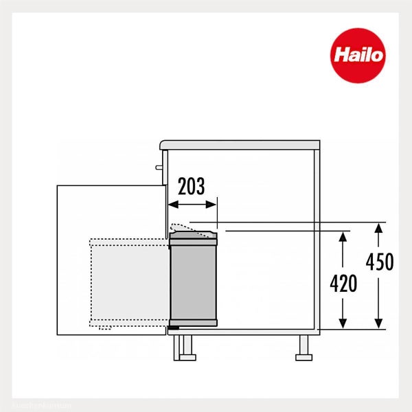 Technische Zeichnung eines Hailo Einbaumülleimers im Unterschrank mit den Maßen 203, 420 und 450. Hailo Logo.