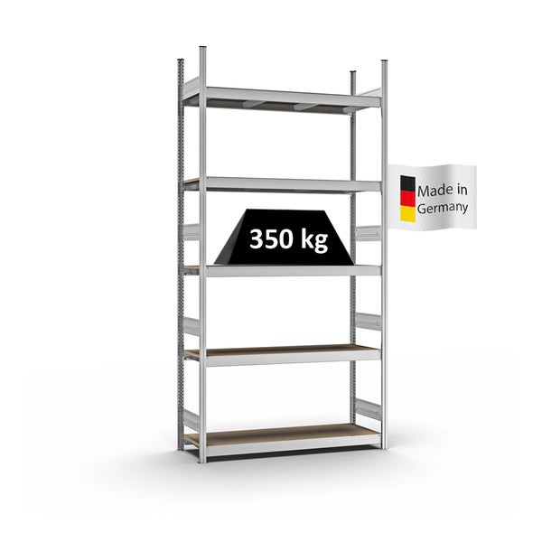 PROREGAL Weitspannregal Stecksystem T-Profil Grundregal HxBxT 300x150x40 cm 5 Ebenen Spanplatten Fachboden Fachlast 350 kg Verzinkt