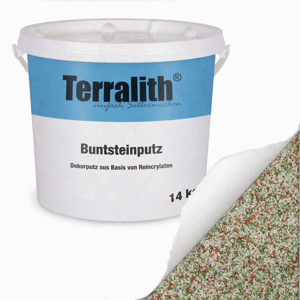 Terralith Buntsteinputz 14 Kilogramm, Dekorputz auf Basis von Reincrylaten mit Detailansicht der bunten Körnung.