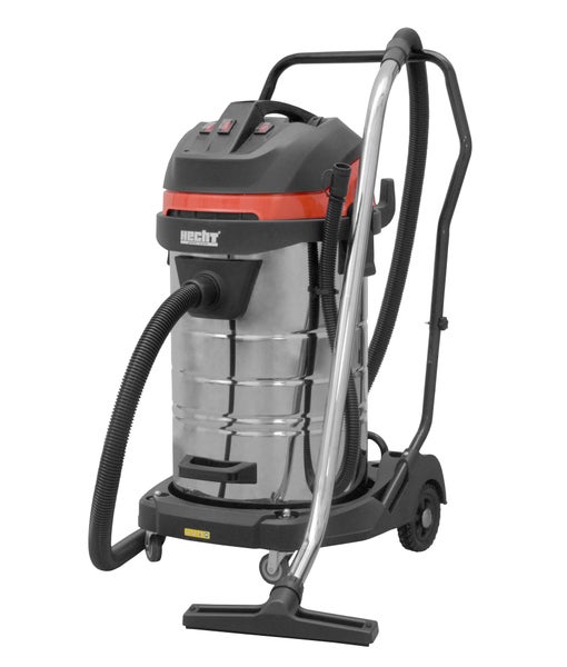 Hecht Industriestaubsauger für Nass- und Trockenreinigung mit Edelstahlbehälter, Rollen und Schiebebügel.