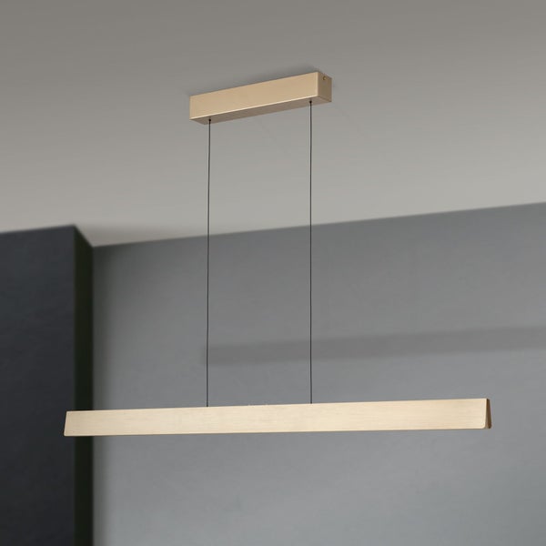 Moderne schmale LED Pendelleuchte mit Metallgehäuse an zwei dünnen Drahtseilen zur Deckenmontage im Innenbereich