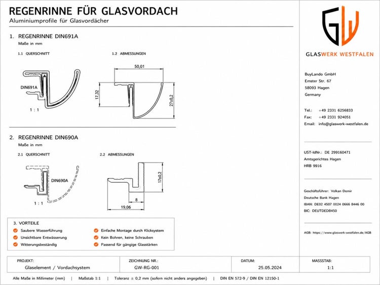 Technisches Datenblatt für Aluminium-Regenrinnen für Glasvordächer mit Querschnitten, Maßen und Vorteilen der Profile. Glaswerk Westfalen Logo.