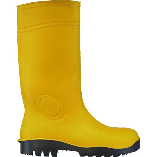 Gelber Gummistiefel mit schwarzer Profilsohle.