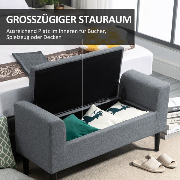 HOMCOM Sitzbank mit Stauraum, Polsterbank mit Leinenoptik, Holzbeine, Bettbank belastbar bis 130 kg, für Wohnzimmer Schlafzimmer Flur, 116 x 44 x 58 cm Hellgrau