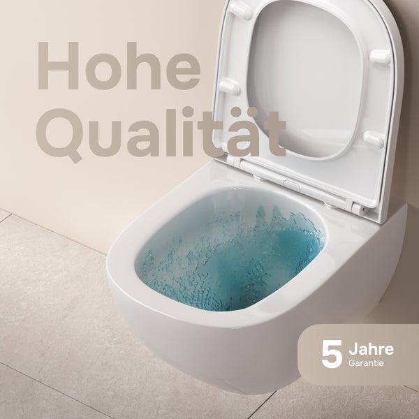 Wandhänge WC aus Keramik mit WC Sitz und fünf Jahren Garantie.