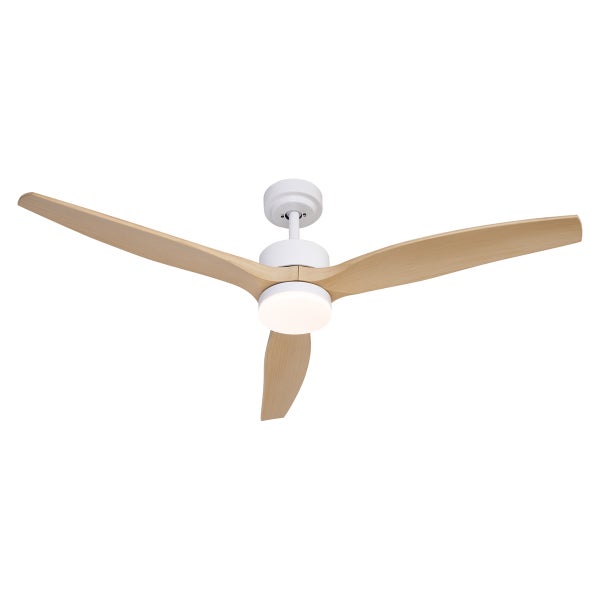 Deckenventilator mit drei Flügeln in Holzoptik und integrierter Leuchte, weißes Gehäuse.