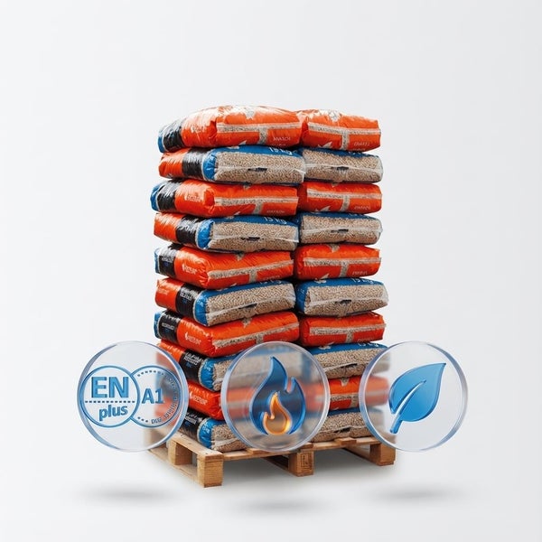Holzpellets auf einer Palette in Säcken mit EN plus A1 Zertifizierung, hoher Heizleistung und ökologischem Siegel.