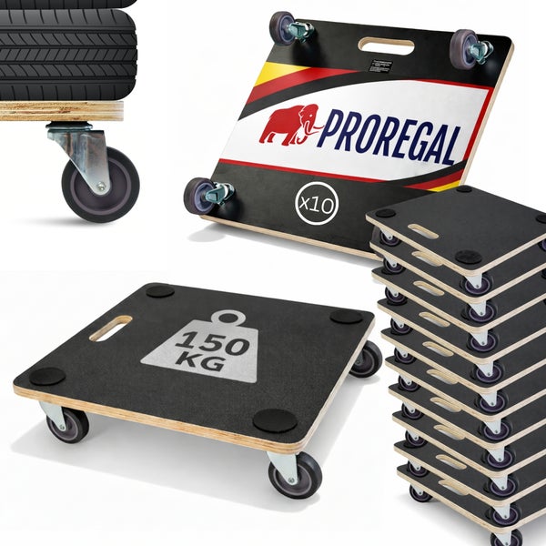 Zehner Set Transportroller von Proregal aus Holz mit Antirutschpads und einer Tragkraft von einhundertfünfzig Kilogramm, Proregal Logo.