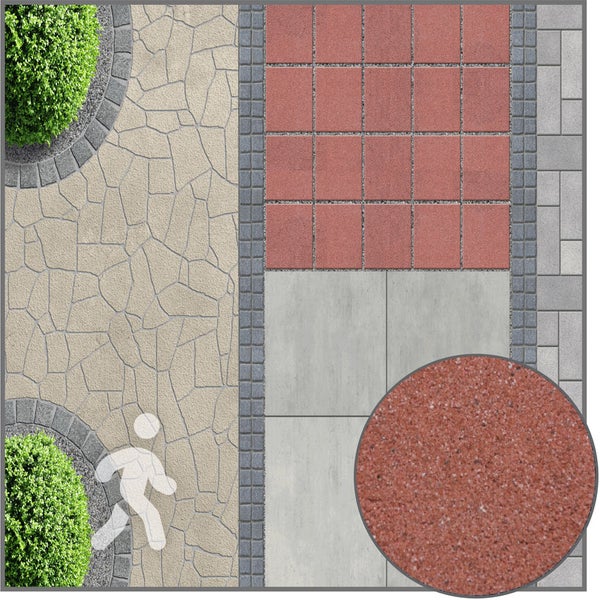Draufsicht auf Gartenweg mit verschiedenen Pflastersteinen, Platten und Symbol für Fußgänger inklusive Detailansicht der Oberflächenstruktur.