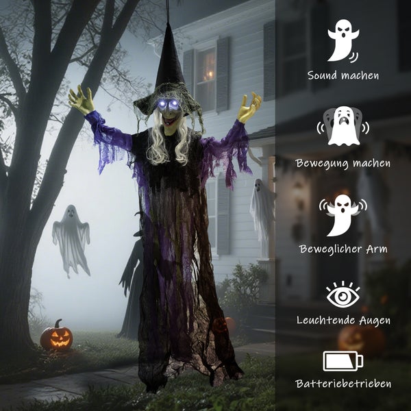 Dekorative Halloween-Hexe mit Sound, Bewegung, beweglichen Armen und leuchtenden Augen, batteriebetrieben