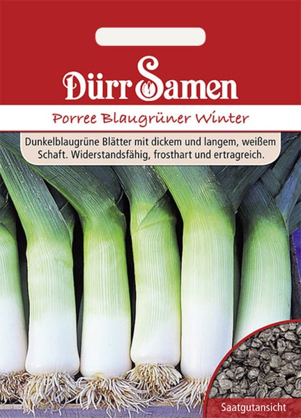 Samentüte für Porree Blaugrüner Winter von Dürr Samen mit Abbildung von Lauchstangen und einer Detailansicht der Samen.