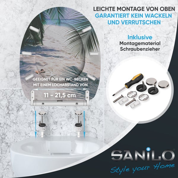 SANILO WC-Sitz mit Strandmotiv, inklusive Montagematerial und Schraubenzieher. Geeignet für Lochabstände von 11 bis 21,5 Zentimeter. SANILO Logo.